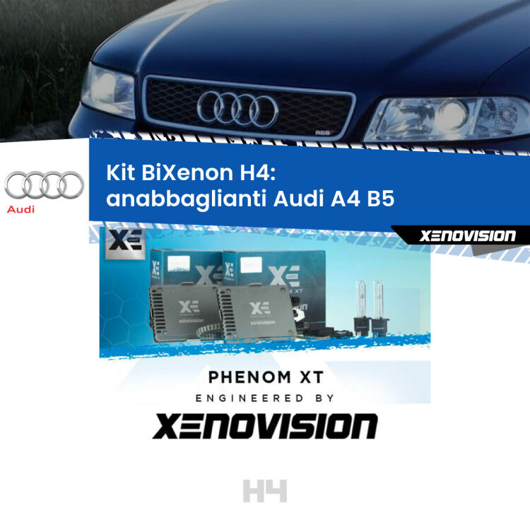 Kit Bixenon professionale H4 per Audi A4 B5 (a parabola singola). Taglio di luce perfetto, zero spie e riverberi. Leggendaria elettronica Canbus Xenovision. Qualità Massima Garantita.