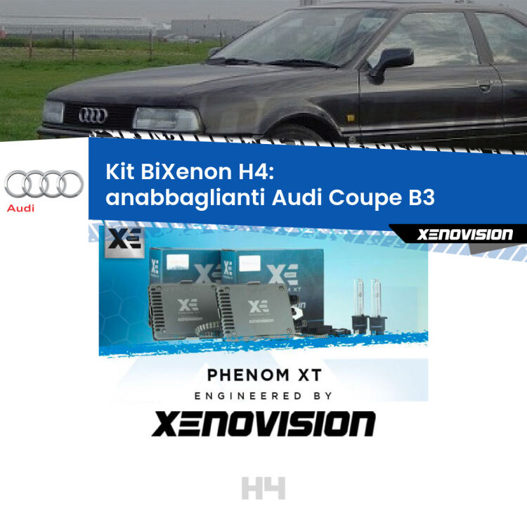 Kit Bixenon professionale H4 per Audi Coupe B3 (1988 - 1996). Taglio di luce perfetto, zero spie e riverberi. Leggendaria elettronica Canbus Xenovision. Qualità Massima Garantita.
