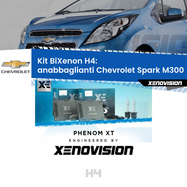 Kit Bixenon professionale H4 per Chevrolet Spark M300 (2009 - 2016). Taglio di luce perfetto, zero spie e riverberi. Leggendaria elettronica Canbus Xenovision. Qualità Massima Garantita.