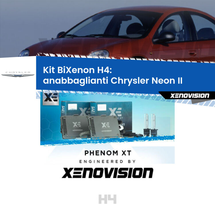 Kit Bixenon professionale H4 per Chrysler Neon II  (1999 - 2006). Taglio di luce perfetto, zero spie e riverberi. Leggendaria elettronica Canbus Xenovision. Qualità Massima Garantita.