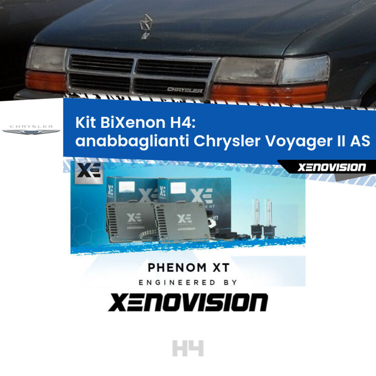 Kit Bixenon professionale H4 per Chrysler Voyager II AS (1990 - 1995). Taglio di luce perfetto, zero spie e riverberi. Leggendaria elettronica Canbus Xenovision. Qualità Massima Garantita.
