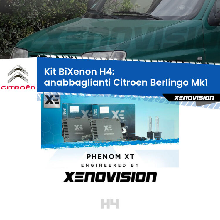 Kit Bixenon professionale H4 per Citroen Berlingo Mk1 (1996 - 2007). Taglio di luce perfetto, zero spie e riverberi. Leggendaria elettronica Canbus Xenovision. Qualità Massima Garantita.