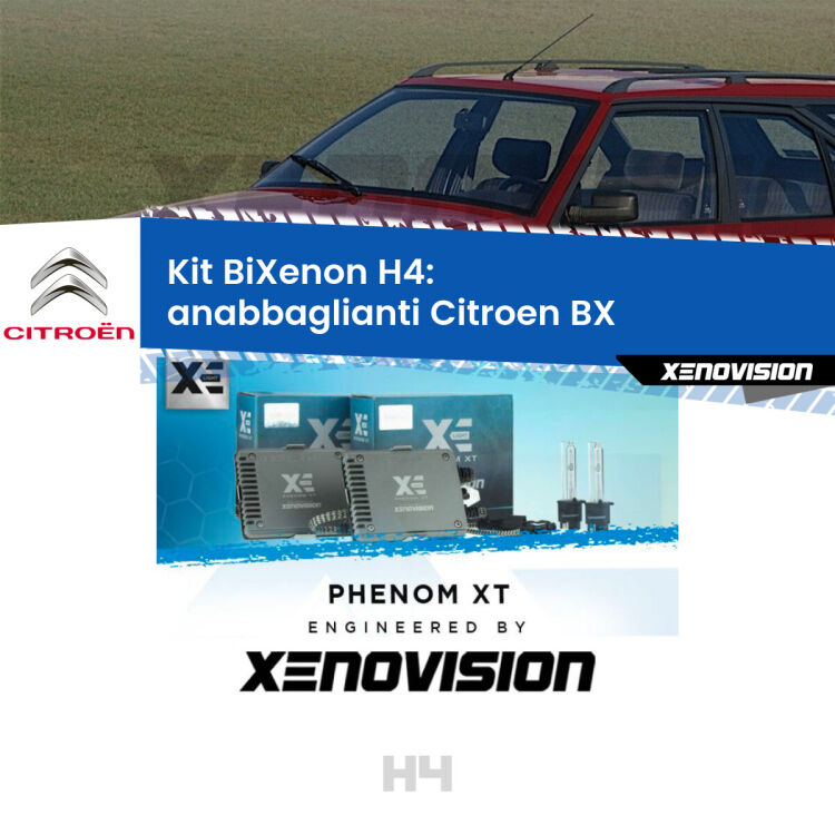 Kit Bixenon professionale H4 per Citroen BX  (1982 - 1993). Taglio di luce perfetto, zero spie e riverberi. Leggendaria elettronica Canbus Xenovision. Qualità Massima Garantita.