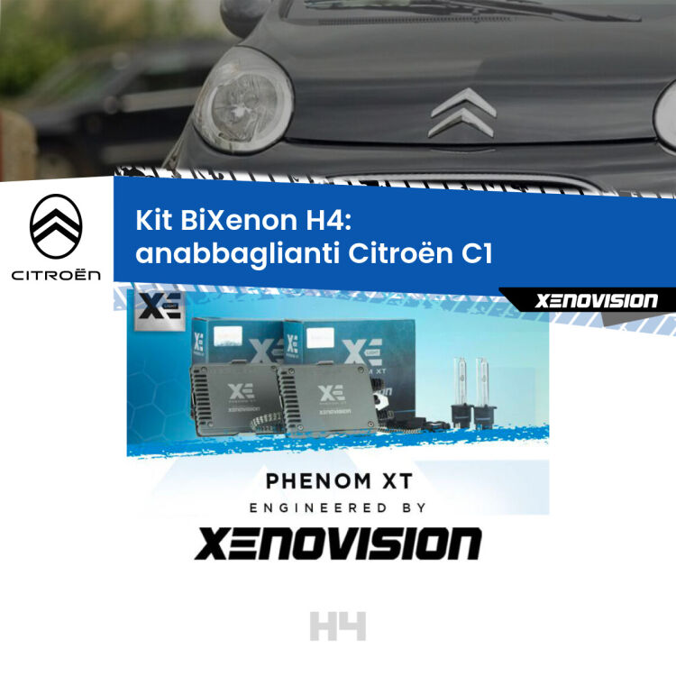 0 H4: Kit Bi Xenon Citroën C1 (2005 - 2013) Specifico Zero-Spie Kit Bixenon professionale H4 per Citroën C1 (2005 - 2013). Taglio di luce perfetto, zero spie e riverberi. Leggendaria elettronica Canbus Xenovision. Qualità Massima Garantita.
