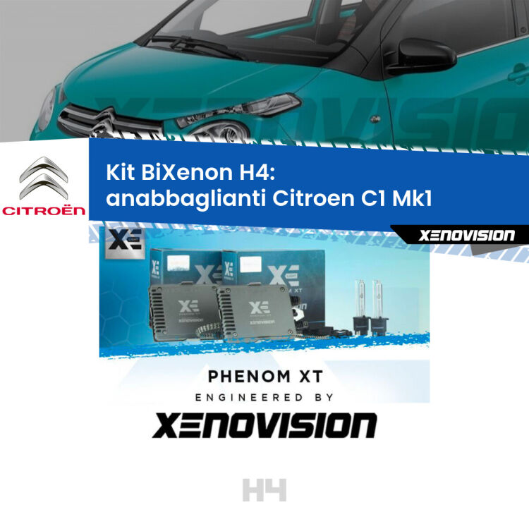 Kit Bixenon professionale H4 per Citroen C1 Mk1 (2005 - 2013). Taglio di luce perfetto, zero spie e riverberi. Leggendaria elettronica Canbus Xenovision. Qualità Massima Garantita.