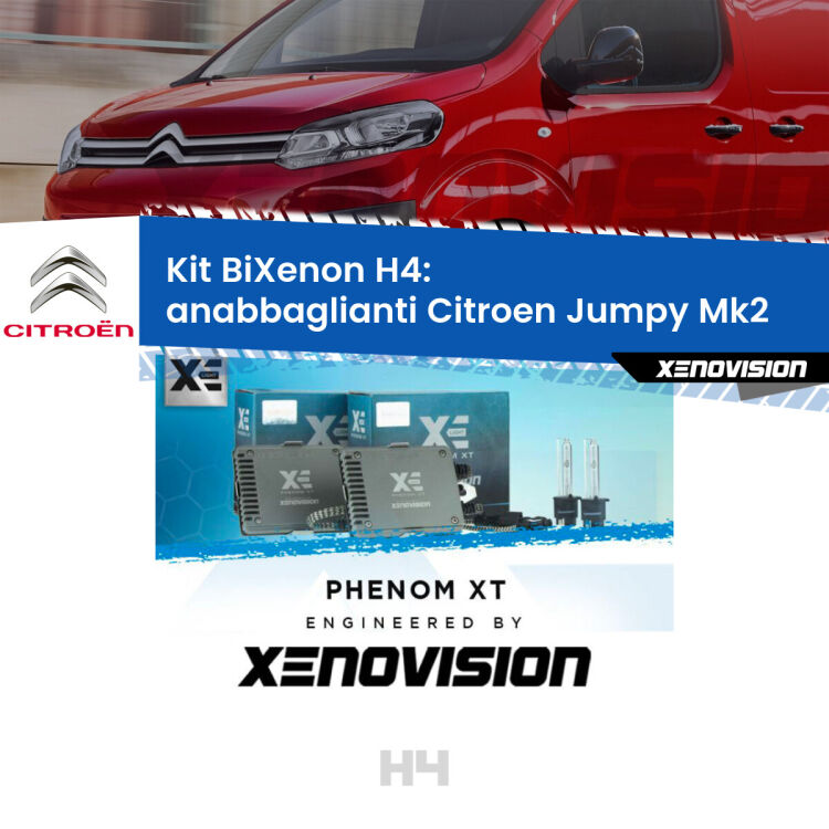 Kit Bixenon professionale H4 per Citroen Jumpy Mk2 (2006 - 2015). Taglio di luce perfetto, zero spie e riverberi. Leggendaria elettronica Canbus Xenovision. Qualità Massima Garantita.