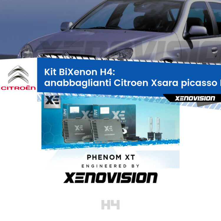 Kit Bixenon professionale H4 per Citroen Xsara picasso N68 (1999 - 2012). Taglio di luce perfetto, zero spie e riverberi. Leggendaria elettronica Canbus Xenovision. Qualità Massima Garantita.