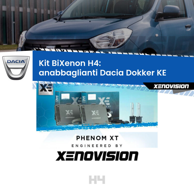 Kit Bixenon professionale H4 per Dacia Dokker KE (2012 in poi). Taglio di luce perfetto, zero spie e riverberi. Leggendaria elettronica Canbus Xenovision. Qualità Massima Garantita.