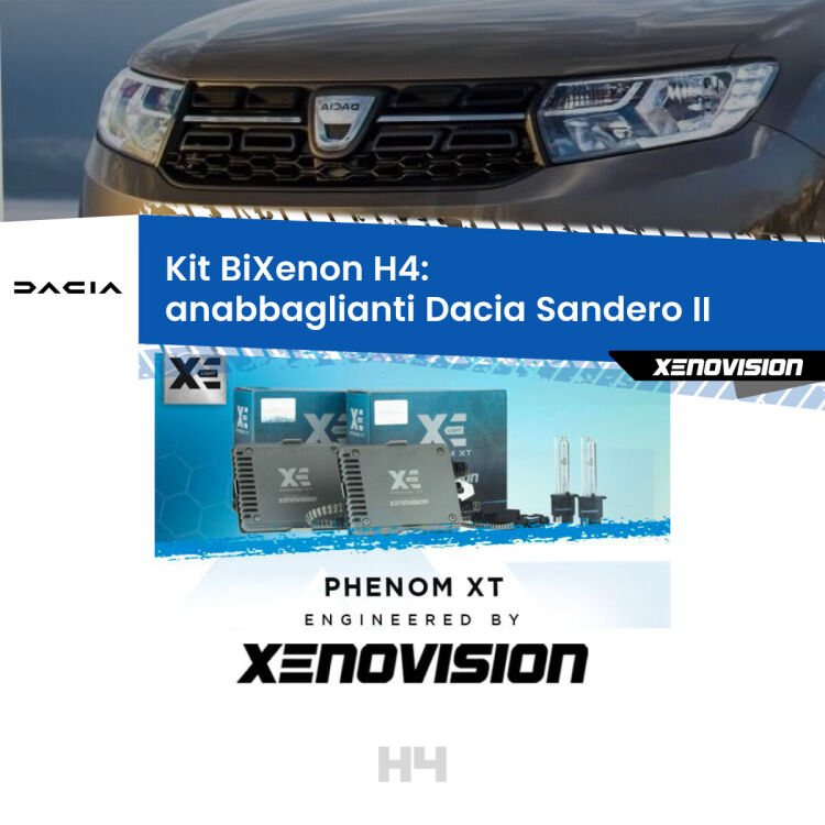 0 H4: Kit Bi Xenon Dacia Sandero II (a parabola singola) Specifico Zero-Spie Kit Bixenon professionale H4 per Dacia Sandero II (a parabola singola). Taglio di luce perfetto, zero spie e riverberi. Leggendaria elettronica Canbus Xenovision. Qualità Massima Garantita.