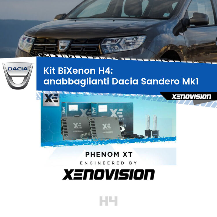Kit Bixenon professionale H4 per Dacia Sandero Mk1 (2008 - 2012). Taglio di luce perfetto, zero spie e riverberi. Leggendaria elettronica Canbus Xenovision. Qualità Massima Garantita.