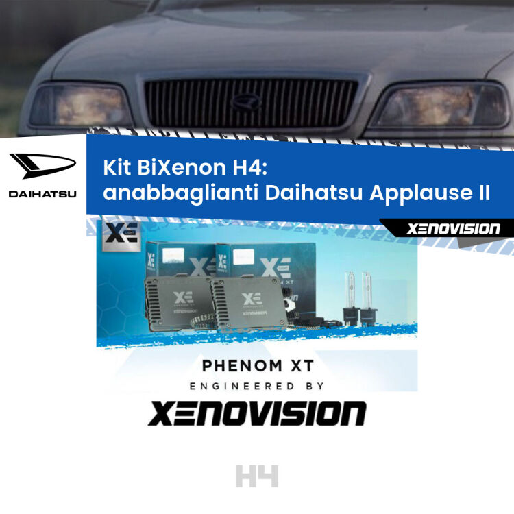 0 H4: Kit Bi Xenon Daihatsu Applause II (1997 - 2000) Specifico Zero-Spie Kit Bixenon professionale H4 per Daihatsu Applause II (1997 - 2000). Taglio di luce perfetto, zero spie e riverberi. Leggendaria elettronica Canbus Xenovision. Qualità Massima Garantita.