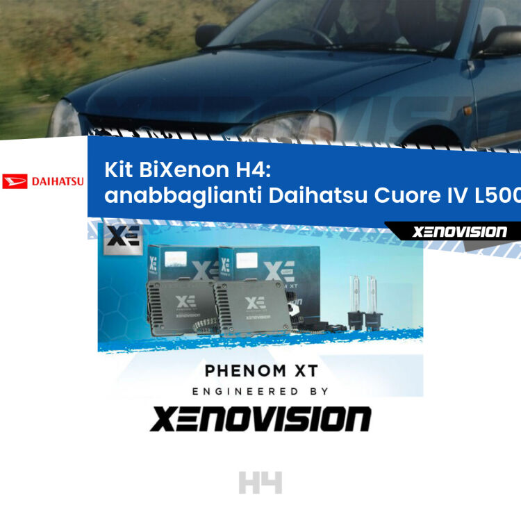 Kit Bixenon professionale H4 per Daihatsu Cuore IV L500 (1995 - 1998). Taglio di luce perfetto, zero spie e riverberi. Leggendaria elettronica Canbus Xenovision. Qualità Massima Garantita.