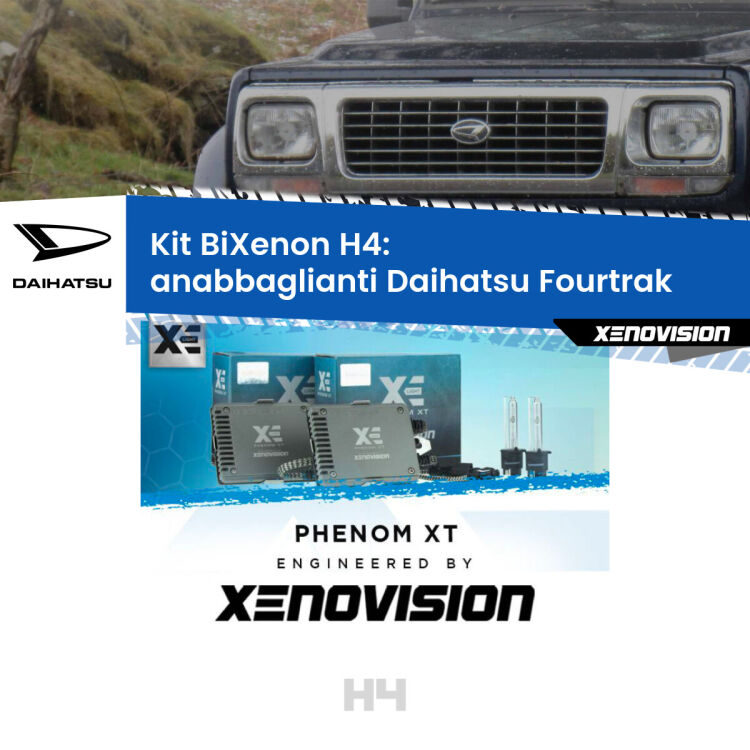 0 H4: Kit Bi Xenon Daihatsu Fourtrak (1985 - 1998) Specifico Zero-Spie Kit Bixenon professionale H4 per Daihatsu Fourtrak (1985 - 1998). Taglio di luce perfetto, zero spie e riverberi. Leggendaria elettronica Canbus Xenovision. Qualità Massima Garantita.