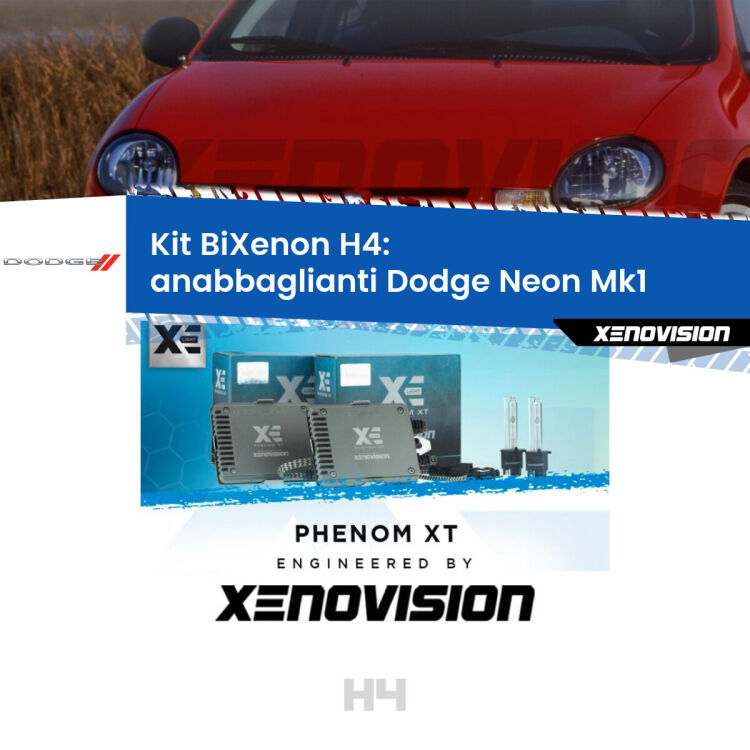 Kit Bixenon professionale H4 per Dodge Neon Mk1 (1994 - 1999). Taglio di luce perfetto, zero spie e riverberi. Leggendaria elettronica Canbus Xenovision. Qualità Massima Garantita.