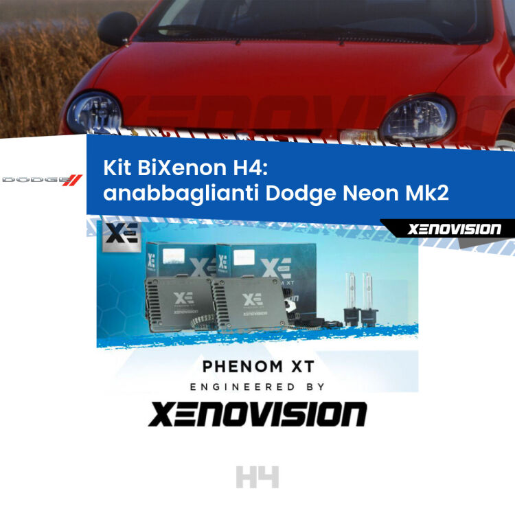 Kit Bixenon professionale H4 per Dodge Neon Mk2 (1999 - 2005). Taglio di luce perfetto, zero spie e riverberi. Leggendaria elettronica Canbus Xenovision. Qualità Massima Garantita.