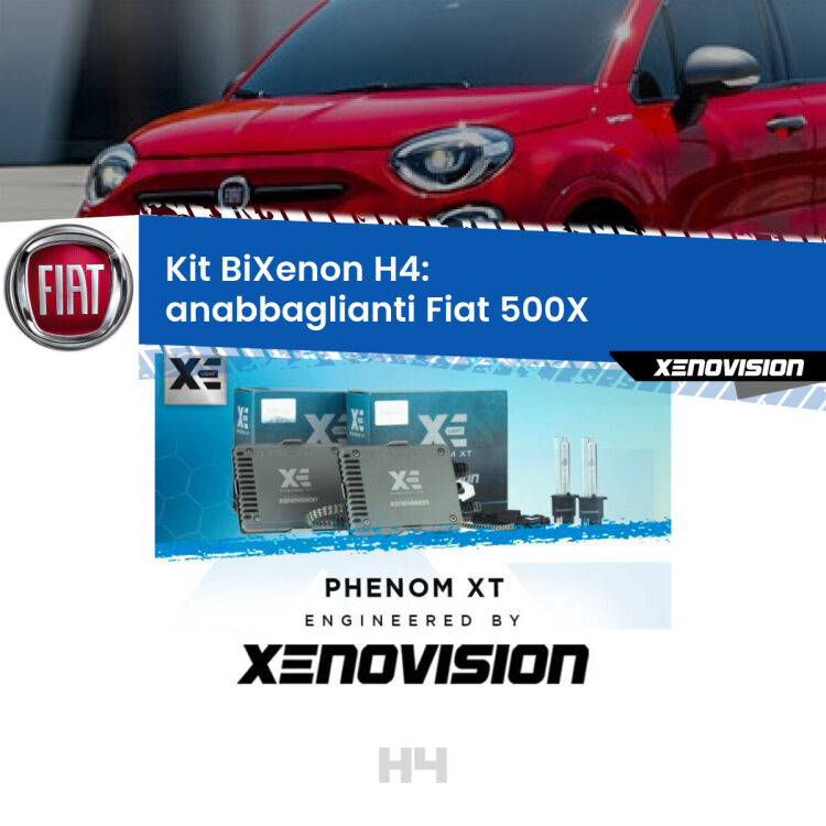 Kit Bixenon professionale H4 per Fiat 500X  (a parabola). Taglio di luce perfetto, zero spie e riverberi. Leggendaria elettronica Canbus Xenovision. Qualità Massima Garantita.