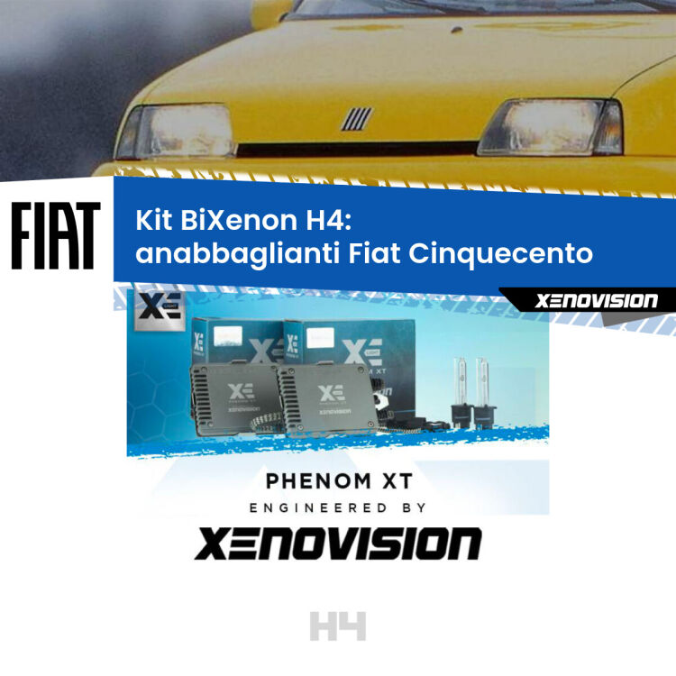 0 H4: Kit Bi Xenon Fiat Cinquecento (1991 - 1999) Specifico Zero-Spie Kit Bixenon professionale H4 per Fiat Cinquecento (1991 - 1999). Taglio di luce perfetto, zero spie e riverberi. Leggendaria elettronica Canbus Xenovision. Qualità Massima Garantita.