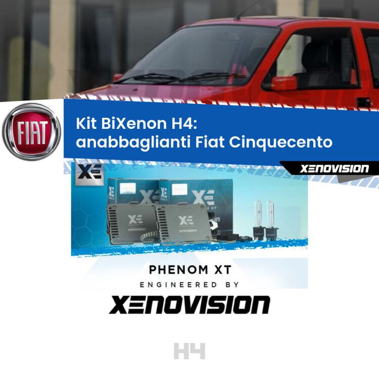Kit Bixenon professionale H4 per Fiat Cinquecento  (1991 - 1999). Taglio di luce perfetto, zero spie e riverberi. Leggendaria elettronica Canbus Xenovision. Qualità Massima Garantita.