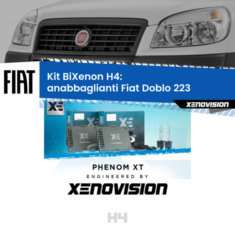 0 H4: Kit Bi Xenon Fiat Doblo 223 (2000 - 2010) Specifico Zero-Spie Kit Bixenon professionale H4 per Fiat Doblo 223 (2000 - 2010). Taglio di luce perfetto, zero spie e riverberi. Leggendaria elettronica Canbus Xenovision. Qualità Massima Garantita.