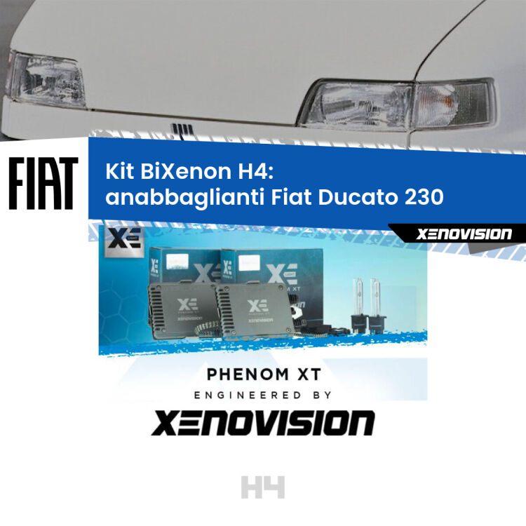 0 H4: Kit Bi Xenon Fiat Ducato 230 (1994 - 2002) Specifico Zero-Spie Kit Bixenon professionale H4 per Fiat Ducato 230 (1994 - 2002). Taglio di luce perfetto, zero spie e riverberi. Leggendaria elettronica Canbus Xenovision. Qualità Massima Garantita.