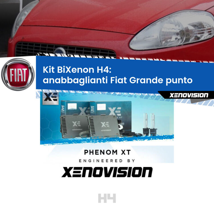 Kit Bixenon professionale H4 per Fiat Grande punto  (2005 - 2018). Taglio di luce perfetto, zero spie e riverberi. Leggendaria elettronica Canbus Xenovision. Qualità Massima Garantita.