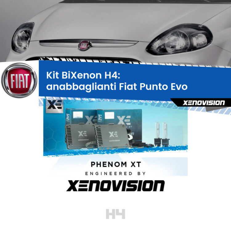 Kit Bixenon professionale H4 per Fiat Punto Evo  (2009 - 2015). Taglio di luce perfetto, zero spie e riverberi. Leggendaria elettronica Canbus Xenovision. Qualità Massima Garantita.