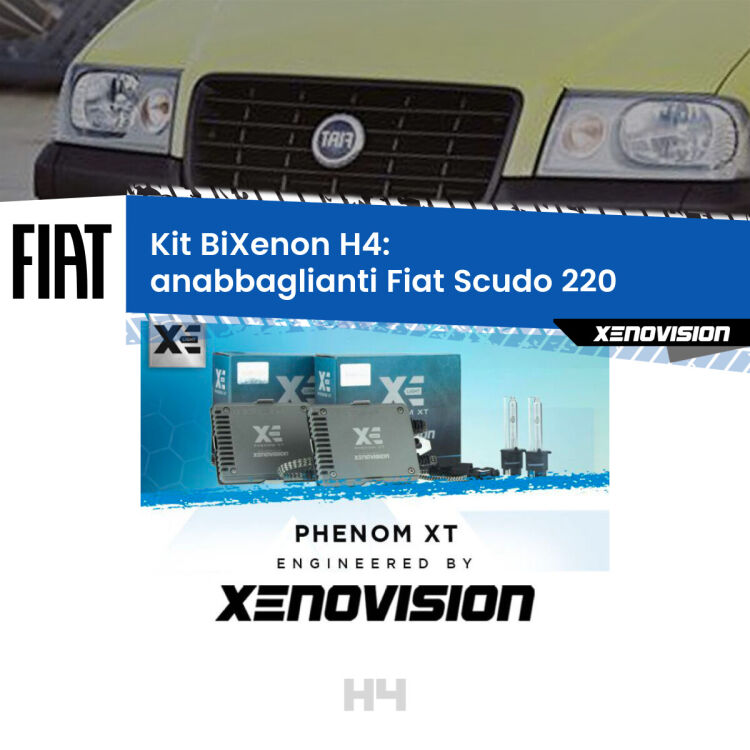 0 H4: Kit Bi Xenon Fiat Scudo 220 (a parabola singola) Specifico Zero-Spie Kit Bixenon professionale H4 per Fiat Scudo 220 (a parabola singola). Taglio di luce perfetto, zero spie e riverberi. Leggendaria elettronica Canbus Xenovision. Qualità Massima Garantita.
