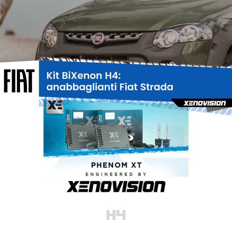 0 H4: Kit Bi Xenon Fiat Strada (a parabola singola) Specifico Zero-Spie Kit Bixenon professionale H4 per Fiat Strada (a parabola singola). Taglio di luce perfetto, zero spie e riverberi. Leggendaria elettronica Canbus Xenovision. Qualità Massima Garantita.