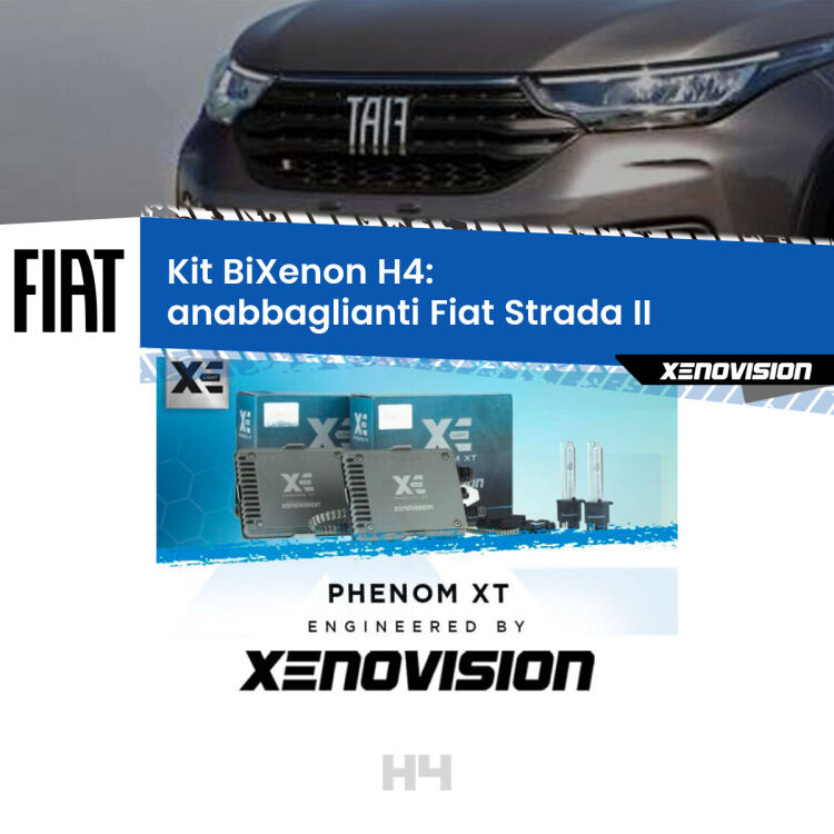 0 H4: Kit Bi Xenon Fiat Strada II (prima serie) Specifico Zero-Spie Kit Bixenon professionale H4 per Fiat Strada II (prima serie). Taglio di luce perfetto, zero spie e riverberi. Leggendaria elettronica Canbus Xenovision. Qualità Massima Garantita.