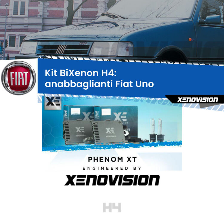 Kit Bixenon professionale H4 per Fiat Uno  (1983 - 1995). Taglio di luce perfetto, zero spie e riverberi. Leggendaria elettronica Canbus Xenovision. Qualità Massima Garantita.