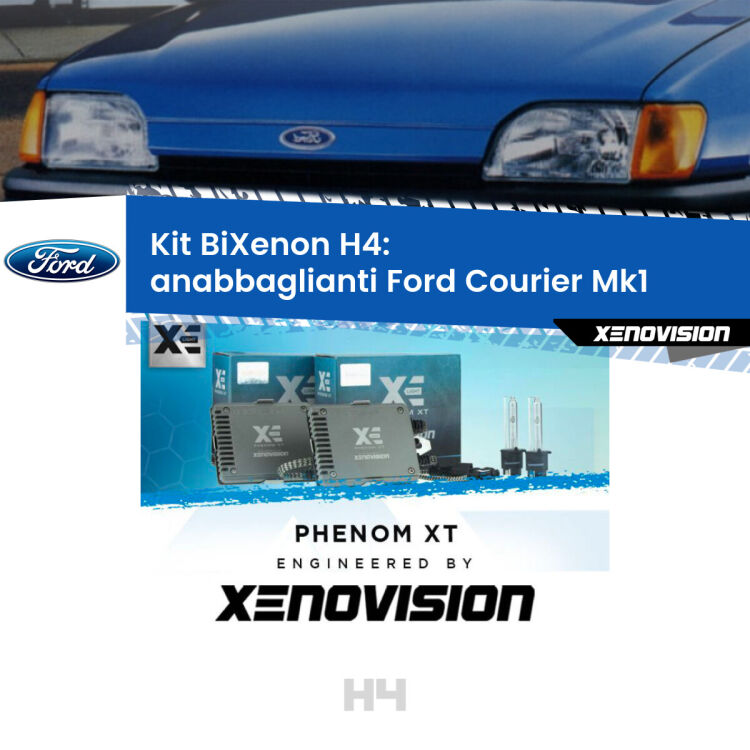 Kit Bixenon professionale H4 per Ford Courier Mk1 (1991 - 1995). Taglio di luce perfetto, zero spie e riverberi. Leggendaria elettronica Canbus Xenovision. Qualità Massima Garantita.