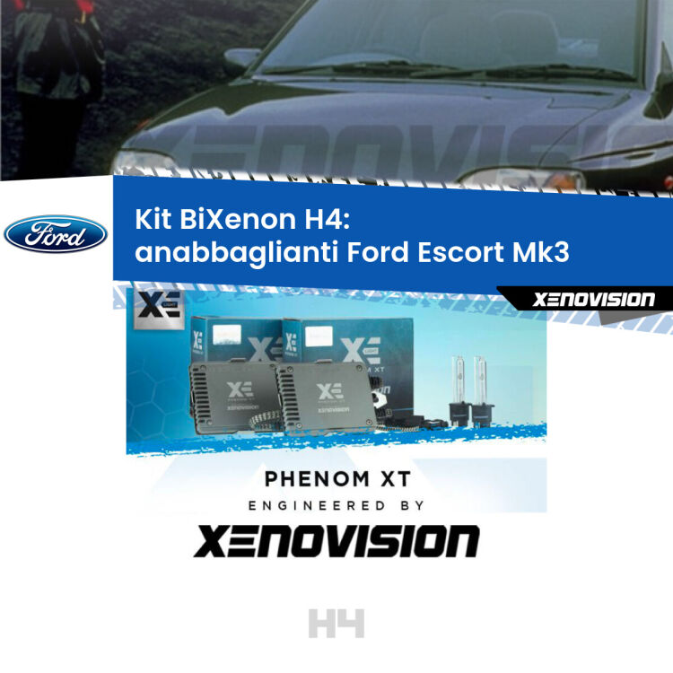 Kit Bixenon professionale H4 per Ford Escort Mk3 (1985 - 1990). Taglio di luce perfetto, zero spie e riverberi. Leggendaria elettronica Canbus Xenovision. Qualità Massima Garantita.