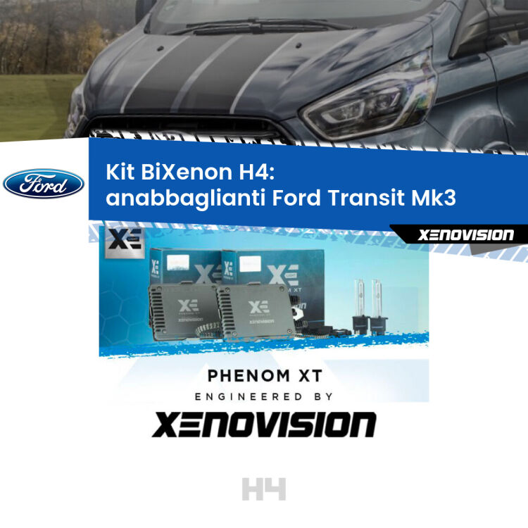 Kit Bixenon professionale H4 per Ford Transit Mk3 (2000 - 2013). Taglio di luce perfetto, zero spie e riverberi. Leggendaria elettronica Canbus Xenovision. Qualità Massima Garantita.