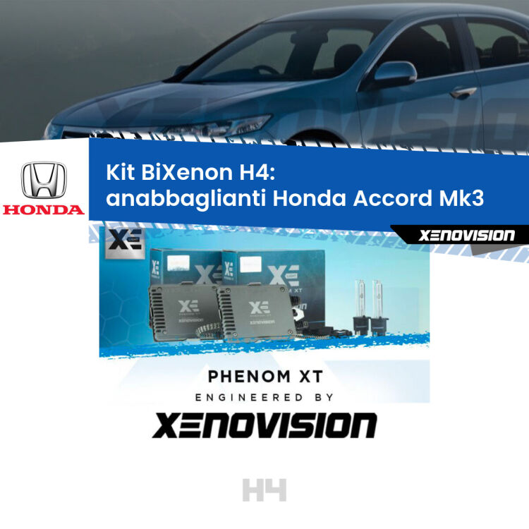 Kit Bixenon professionale H4 per Honda Accord Mk3 (1985 - 1989). Taglio di luce perfetto, zero spie e riverberi. Leggendaria elettronica Canbus Xenovision. Qualità Massima Garantita.