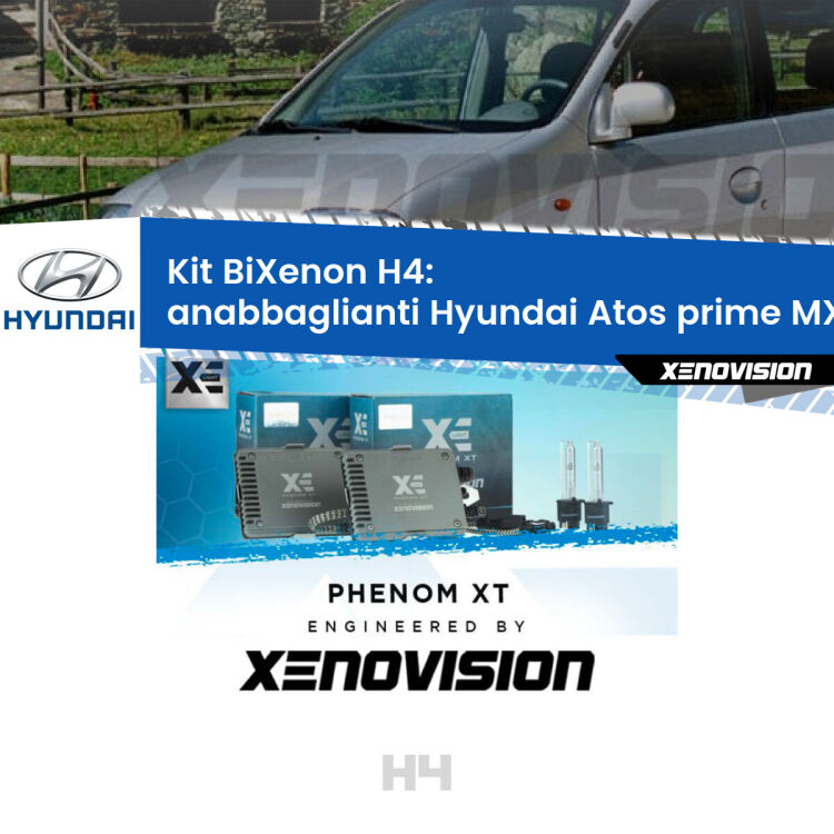 0 H4: Kit Bi Xenon Hyundai Atos prime MX (1997 - 2008) Specifico Zero-Spie Kit Bixenon professionale H4 per Hyundai Atos prime MX (1997 - 2008). Taglio di luce perfetto, zero spie e riverberi. Leggendaria elettronica Canbus Xenovision. Qualità Massima Garantita.