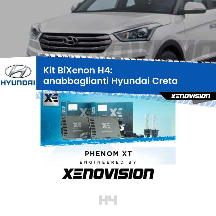 Kit Bixenon professionale H4 per Hyundai Creta  (a parabola). Taglio di luce perfetto, zero spie e riverberi. Leggendaria elettronica Canbus Xenovision. Qualità Massima Garantita.