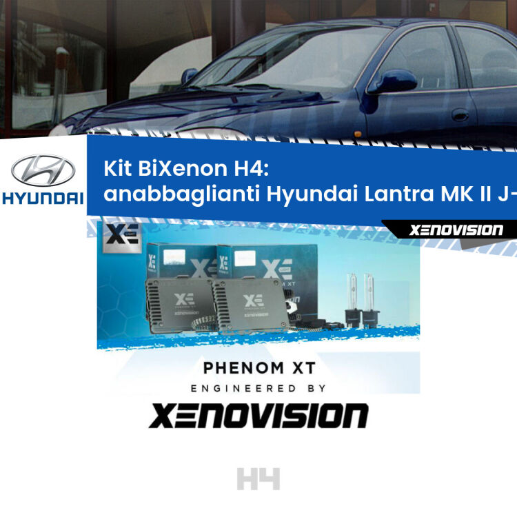 Kit Bixenon professionale H4 per Hyundai Lantra MK II J-2 (1995 - 2000). Taglio di luce perfetto, zero spie e riverberi. Leggendaria elettronica Canbus Xenovision. Qualità Massima Garantita.
