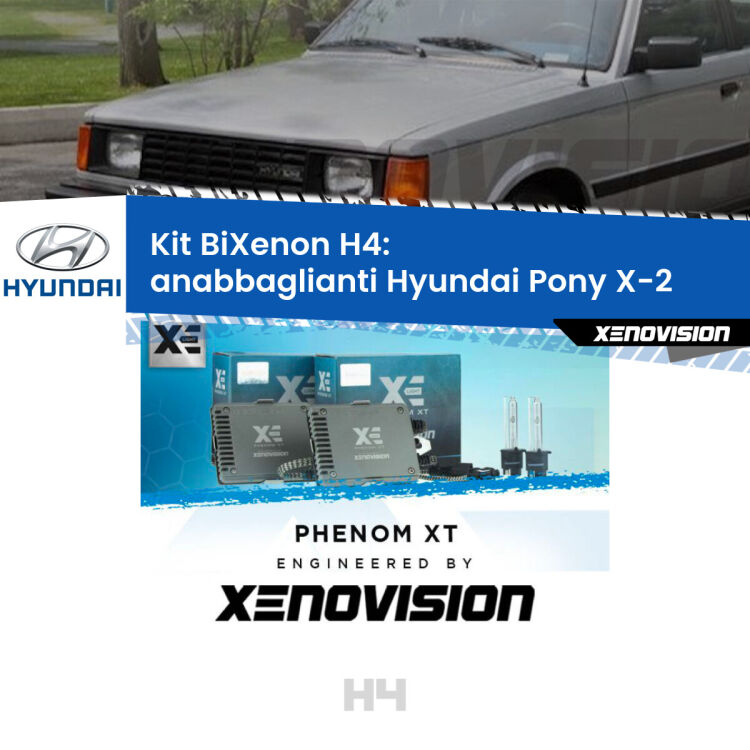 Kit Bixenon professionale H4 per Hyundai Pony X-2 (1989 - 1995). Taglio di luce perfetto, zero spie e riverberi. Leggendaria elettronica Canbus Xenovision. Qualità Massima Garantita.