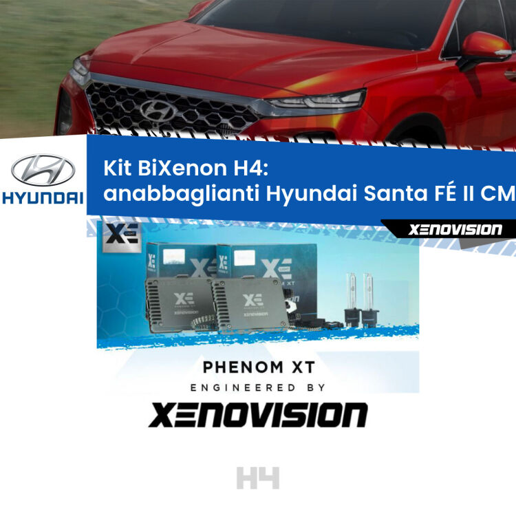 Kit Bixenon professionale H4 per Hyundai Santa FÉ II CM (a parabola). Taglio di luce perfetto, zero spie e riverberi. Leggendaria elettronica Canbus Xenovision. Qualità Massima Garantita.
