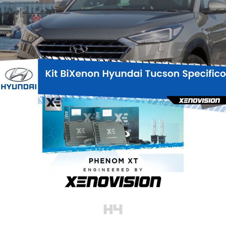 Kit Bixenon professionale H4 per Hyundai Tucson JM (prima serie). Taglio di luce perfetto, zero spie e riverberi. Leggendaria elettronica Canbus Xenovision. Qualità Massima Garantita.