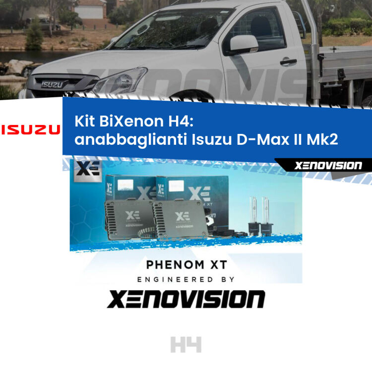 Kit Bixenon professionale H4 per Isuzu D-Max II Mk2 (a parabola singola). Taglio di luce perfetto, zero spie e riverberi. Leggendaria elettronica Canbus Xenovision. Qualità Massima Garantita.