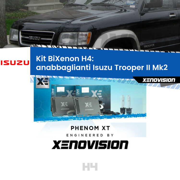0 H4: Kit Bi Xenon Isuzu Trooper II Mk2 (1991 - 2002) Specifico Zero-Spie Kit Bixenon professionale H4 per Isuzu Trooper II Mk2 (1991 - 2002). Taglio di luce perfetto, zero spie e riverberi. Leggendaria elettronica Canbus Xenovision. Qualità Massima Garantita.