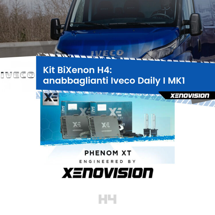 Kit Bixenon professionale H4 per Iveco Daily I MK1 (1978 - 1999). Taglio di luce perfetto, zero spie e riverberi. Leggendaria elettronica Canbus Xenovision. Qualità Massima Garantita.