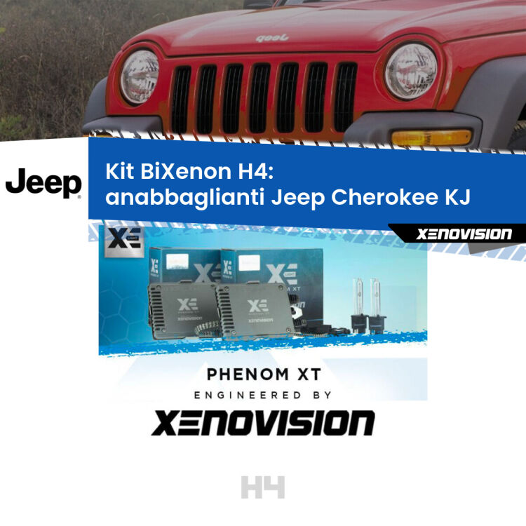 0 H4: Kit Bi Xenon Jeep Cherokee KJ (2002 - 2007) Specifico Zero-Spie Kit Bixenon professionale H4 per Jeep Cherokee KJ (2002 - 2007). Taglio di luce perfetto, zero spie e riverberi. Leggendaria elettronica Canbus Xenovision. Qualità Massima Garantita.