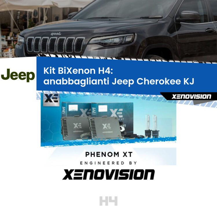Kit Bixenon professionale H4 per Jeep Cherokee KJ (2002 - 2007). Taglio di luce perfetto, zero spie e riverberi. Leggendaria elettronica Canbus Xenovision. Qualità Massima Garantita.