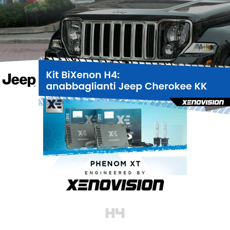 Kit Bixenon professionale H4 per Jeep Cherokee KK (2008 - 2013). Taglio di luce perfetto, zero spie e riverberi. Leggendaria elettronica Canbus Xenovision. Qualità Massima Garantita.