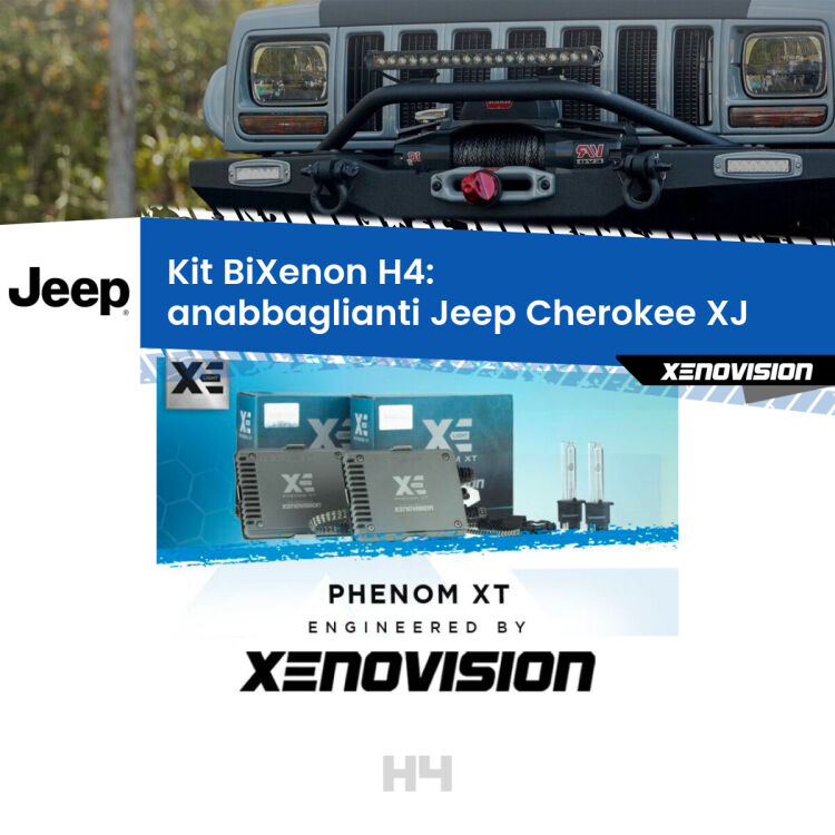 0 H4: Kit Bi Xenon Jeep Cherokee XJ (1984 - 2001) Specifico Zero-Spie Kit Bixenon professionale H4 per Jeep Cherokee XJ (1984 - 2001). Taglio di luce perfetto, zero spie e riverberi. Leggendaria elettronica Canbus Xenovision. Qualità Massima Garantita.