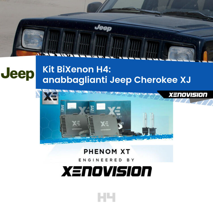 Kit Bixenon professionale H4 per Jeep Cherokee XJ (1984 - 2001). Taglio di luce perfetto, zero spie e riverberi. Leggendaria elettronica Canbus Xenovision. Qualità Massima Garantita.