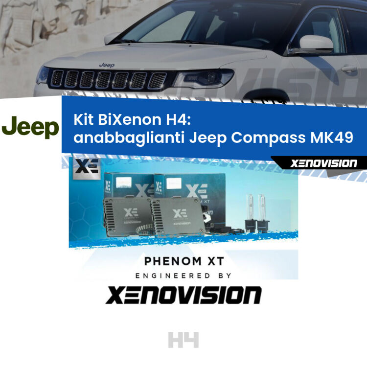 Kit Bixenon professionale H4 per Jeep Compass MK49 (2006 - 2010). Taglio di luce perfetto, zero spie e riverberi. Leggendaria elettronica Canbus Xenovision. Qualità Massima Garantita.