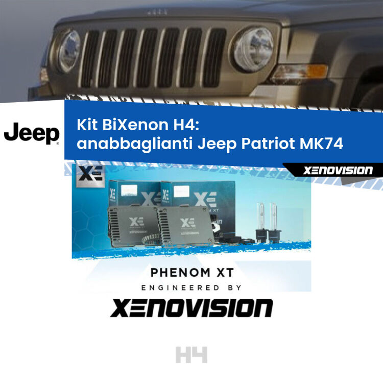 0 H4: Kit Bi Xenon Jeep Patriot MK74 (2007 - 2017) Specifico Zero-Spie Kit Bixenon professionale H4 per Jeep Patriot MK74 (2007 - 2017). Taglio di luce perfetto, zero spie e riverberi. Leggendaria elettronica Canbus Xenovision. Qualità Massima Garantita.